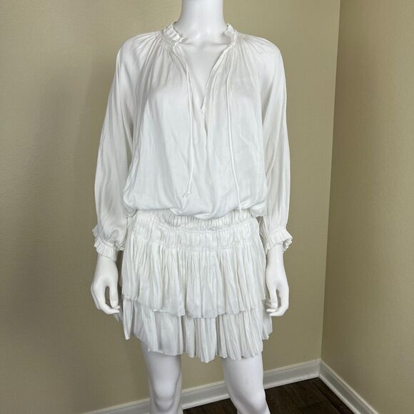 Current Air Women's Size L White Aurelie Pleated Tiered Ruffle Mini Smock Dress - Picture 5 of 14